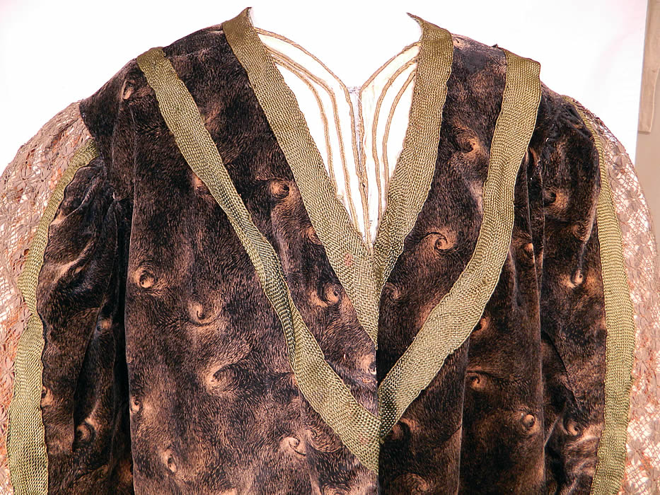 Edwardian Black Velvet Gold Print Peacock Hurricane Eye Cyclone Coat
There is green braided silk trim edging and sheer brown lace covered cream silk sleeves. 