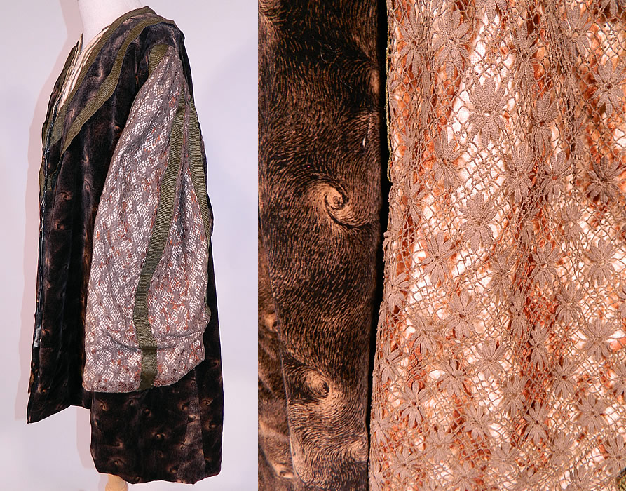 Edwardian Black Velvet Gold Print Peacock Hurricane Eye Cyclone Coat
This exquisite evening opera coat has a mid length, loose fitting, boxy swing style, with gathered shoulders, long full sleeves, hook closures down the front and has been fully relined in a green silk fabric inside.