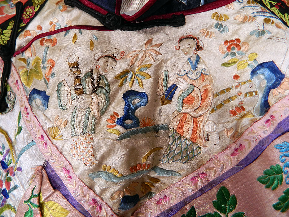 Antique Chinese Purple Silk Damask Floral Brocade Figural Embroidered Trim Robe
The white silk sleeve band cuffs have colorful silk embroidered flowers and butterflies.