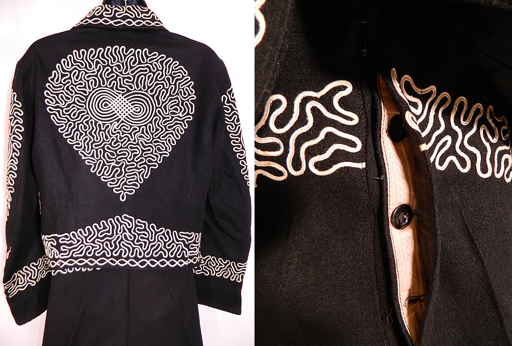 Vintage Mariachi Charro Costume Suit Soutache Black White Wool Jacket Pants
The jacket measures 19 inches long, with a 36 inch waist, 38 inch chest, 17 inch back shoulder and 24 inch long sleeves. Included is a pair of matching fabric trouser pants, with flared leg cuffs, an adjustable buckle strap back waist and button fly front closure. 