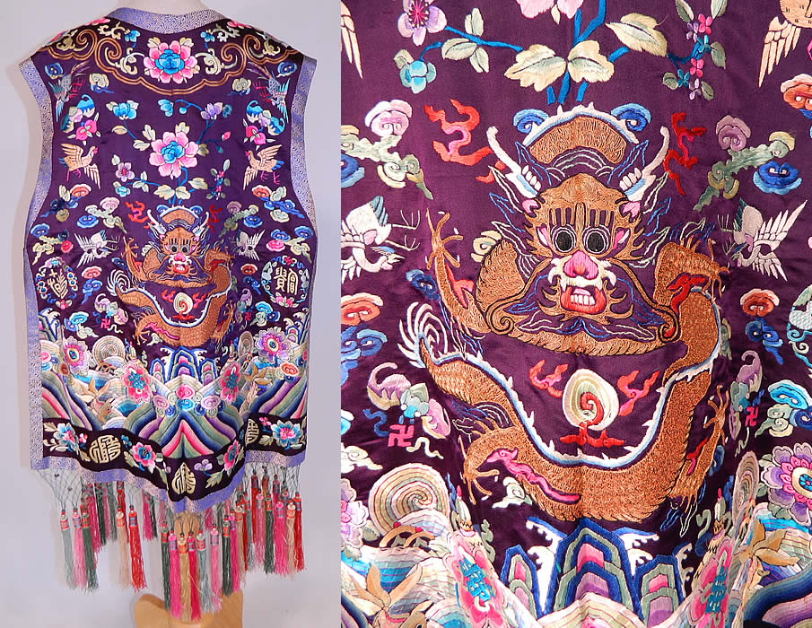 Antique Chinese Chaogua Longgua Silk Embroidered Sleeveless Vest Dragon Coat
The vest measures 30 inches long, with an additional 10 inch long tassel fringe, a 50 inch waist and 50 inch chest.
