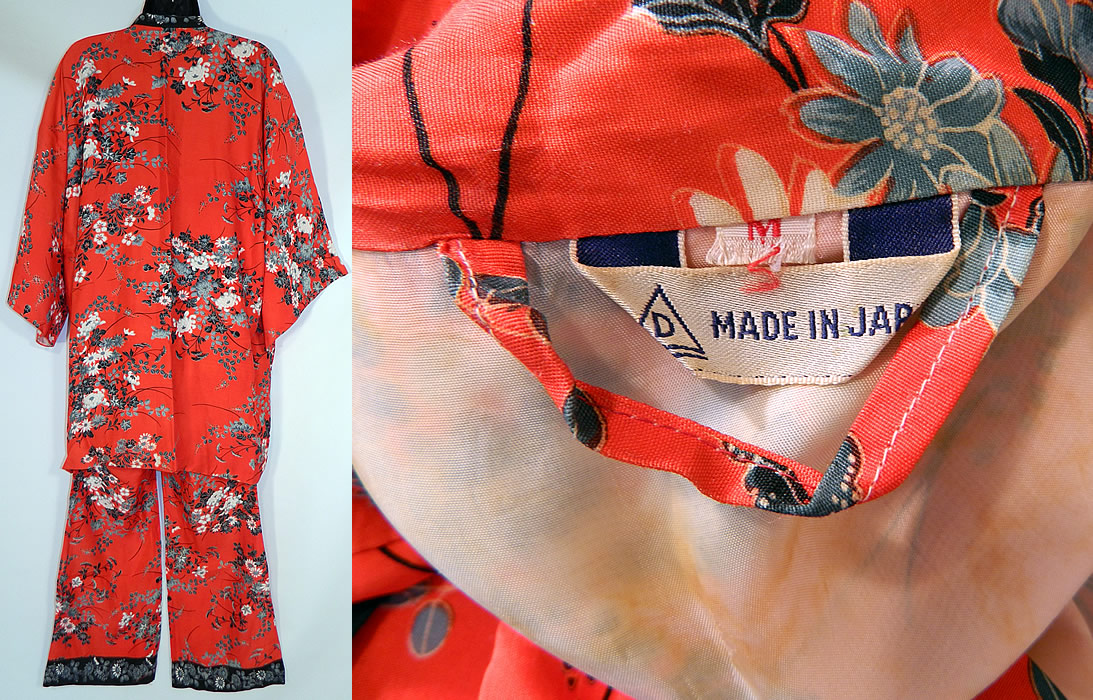 Vintage Japanese Silk Screen Flower Print Pajamas Kimono Robe Pants Lounge Set
This pretty two piece pajamas lounging set has a mid length long loose fitting kimono robe style jacket, with an open front, no closure, two pockets, long full sleeves and is lined with a "Made in Japan" label size M tag sewn inside. The robe measures 34 inches long, with 50 inch hips, a 50 inch waist and 50 inch bust. 