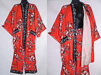 Vintage Japanese Silk Screen Flower Print Pajamas Kimono Robe Pants Lounge Set
