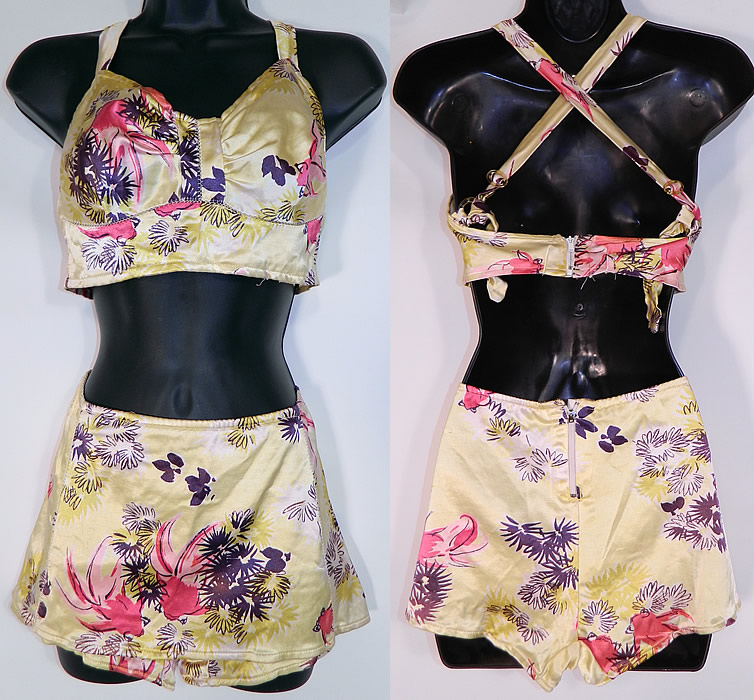 Vintage Gantner Goldfish Print Pinup Girl 2 Piece Swimsuit Bikini Bra Skirt Front Trunks
This vintage Gantner goldfish print pinup girl 2 piece swimsuit bikini bra skirt front trunks dates from the 1940s.