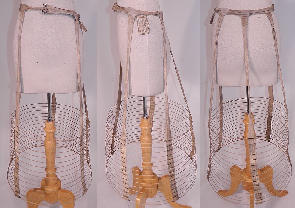 Victorian Novelty Skirts Label Crinoline Wire Hoop Cage Bell Shape Petticoat
This antique Victorian era Novelty Skirts label crinoline wire hoop cage bell shape petticoat dates from 1870. It is made of Duplex Wire hoops wrapped with a linen cloth fabric. There are linen cloth straps connecting the hoops and a flared hoop bell shape bottom. This collapsible petticoat would have been worn underneath a full skirt.