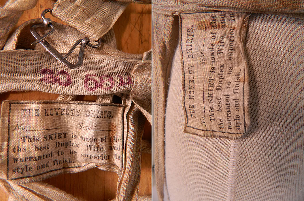 Victorian Novelty Skirts Label Crinoline Wire Hoop Cage Bell Shape Petticoat
There is a linen waistband, with adjustable silver metal buckle clasp closure on the front and original cloth tag label from "The Novelty Skirts" attached to the side waist. The bustle cage measures 30 inches long, 55 inch bottom circumference and has a 30 inch adjustable waist. It is in good as-is condition, with some minor wear and stains. This is truly a rare find and wonderful piece of wearable Victoriana art!