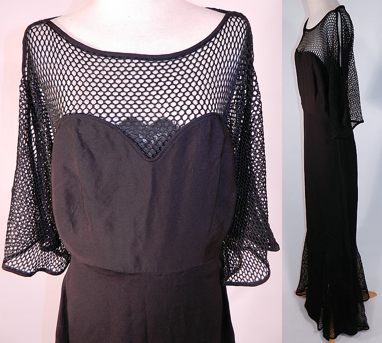 Vintage Black Silk Crepe Mesh Net Backless Gothic Evening Gown Dress
The dress measures 60 inches long, with 38 inch hips, a 26 inch waist and 34 inch bust. It is in good condition, with only a few small breaks, holes in the mesh net sleeves and shoulders. This is truly a wonderful piece of wearable art! 