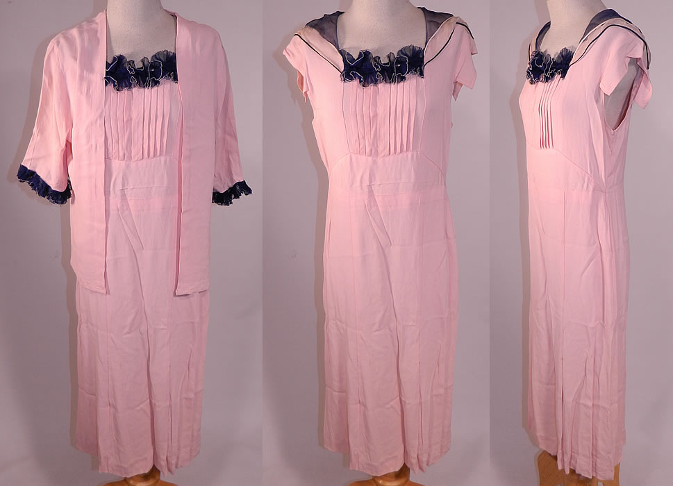 Vintage Pink Silk Crepe Navy Blue Ruffle Collar Cuffs Bias Cut Day Dress & Jacket
This vintage pink silk crepe navy blue ruffle collar cuffs bias cut day dress and jacket dates from the 1930s. It is made of a pink pastel silk crepe de chine fabric with a pleated front top and navy blue silk chiffon ruffle trim front neckline, collar and sleeve cuffs.