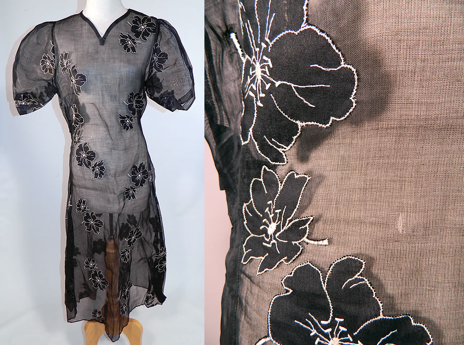 Vintage Black & White Poppy Flower Applique Organdy Balloon Sleeve Day Dress
The dress measures 48 inches long, with 36 inch hips, a 28 inch waist and 36 inch bust. It is in good condition, with a tiny frayed hole on the front waist (see close-up). This is truly a wonderful piece of wearable art! 