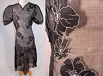 Vintage Black & White Poppy Flower Applique Organdy Balloon Sleeve Day Dress
