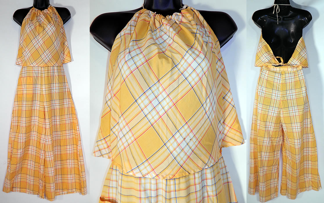 Vintage Yellow Gingham Plaid Print Palazzo Pants Halter Top Jumpsuit
This vintage yellow gingham plaid print palazzo pants halter top jumpsuit dates from the 1930s. It is made of a yellow and white plaid pattern print gingham cotton fabric. This lovely lounge wear one piece jumpsuit has a palazzo pant with flared wide legs, a handkerchief style halter top with adjustable neck, back strap closure, front pant pocket and side waist snap closures.