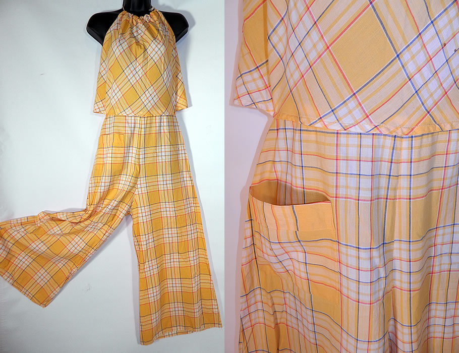 Vintage Yellow Gingham Plaid Print Palazzo Pants Halter Top Jumpsuit
The jumpsuit measures 63 inches long, with a 23 inch inseam, 36 inch hips, a 30 inch waist and 40 inch bust. It is in good condition, with only a few tiny faint age spot stains. This is truly a wonderful piece of wearable art!