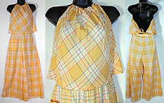 Vintage Yellow Gingham Plaid Print Palazzo Pants Halter Top Jumpsuit