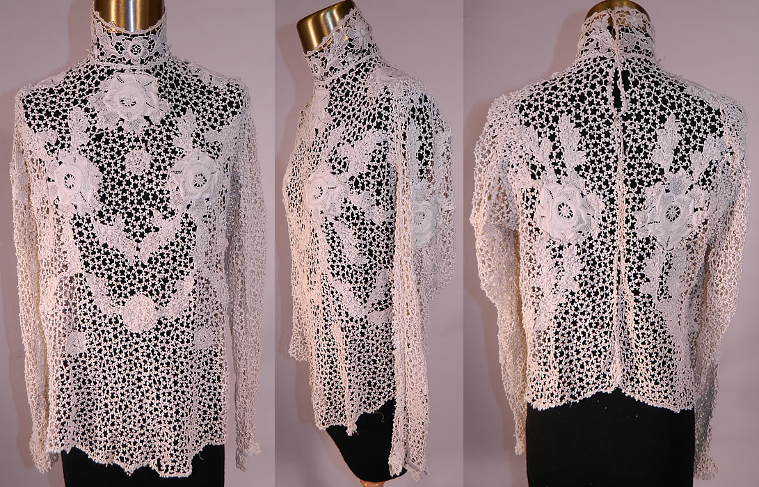 Edwardian White Point de Venise Needle Lace Applique Blouse Shirt Top
This antique Edwardian era white Point de Venise needle lace appliqu&eacute; blouse shirt top dates from 1905. It is made of a white Point de Venise needle lace with scrolling flowers, leaves, detailed meshwork buttonholed brides and floral lace appliques on the front. 