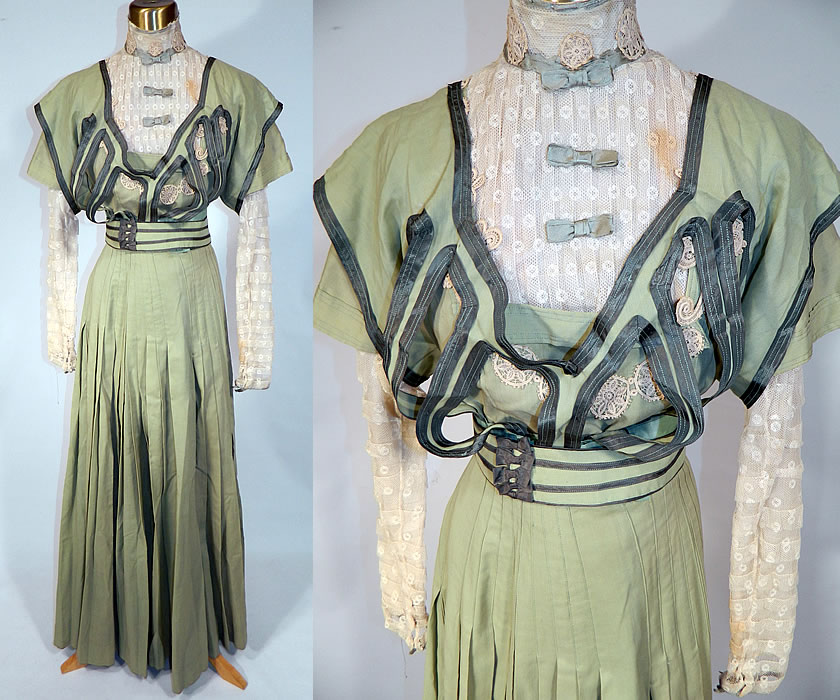 Edwardian Sage Green Fine Wool White Lace Dress 4 Piece Outfit Blouse Belt Skirt
This antique Edwardian era sage green fine wool white lace dress 4 piece outfit blouse, belt, skirt dates from 1905. It is made of a light weight sage green color fine wool fabric, with a darker green silk trim edging and pleated white net lace yoke collar, sleeves and lace appliqu&eacute; trim on the top.