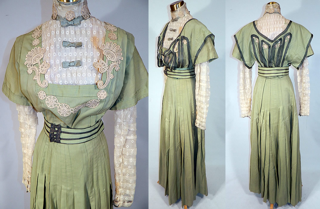 Edwardian Sage Green Fine Wool White Lace Dress 4 Piece Outfit Blouse Belt Skirt
This gorgeous green gown 4 piece outfit includes a bodice style blouse with a lace trimmed high collar, green ribbon bow trimmings, short wool sleeves with long lace undersleeves, fully lined and hook, snap closures on the front. 