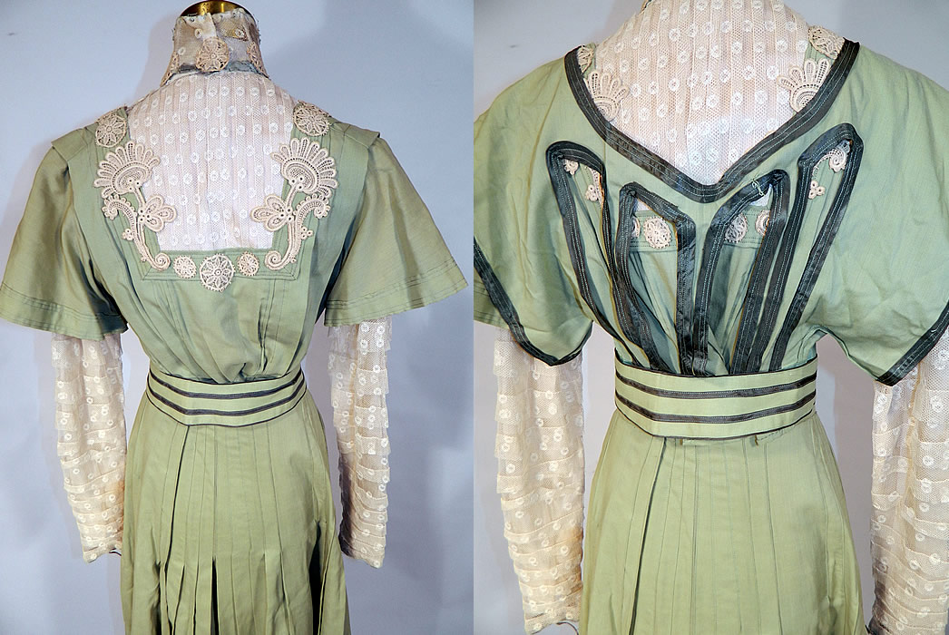 Edwardian Sage Green Fine Wool White Lace Dress 4 Piece Outfit Blouse Belt Skirt
The bodice measures 21 inches long, with a 28 inch waist, 36 inch bust, 13 inch back and 26 inch long sleeves. There is a matching green fabric over blouse pinafore apron top with decorative cut out straps, green silk trim edging, low scoop necklines and short cap sleeves. 
