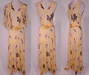 Vintage Yellow Silk Chiffon Black Floral Print Belted Bias Cut Dress & Jacket