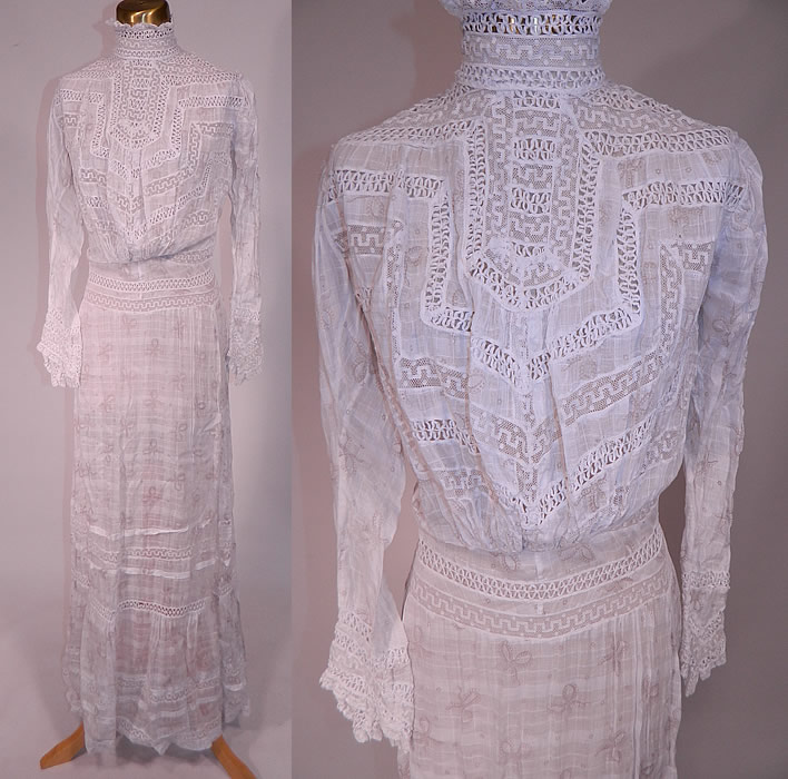 Edwardian White Window Pane Cotton Batiste Bow Polka Dot Print Fabric Lace Trim Dress
This antique Edwardian era white window pane cotton batiste bow polka dot print fabric lace trim dress dates from 1905. It is made of a white sheer fine cotton batiste window pane fabric with a faded blackish brown bow ribbon, polka dot print design and white lace trim inserts.