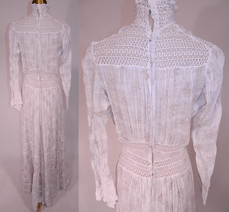 Edwardian White Window Pane Cotton Batiste Bow Polka Dot Print Fabric Lace Trim Dress
It is in good condition. This is truly a wonderful piece of antique textile lace art which could be worn as a wedding gown or afternoon tea dress!