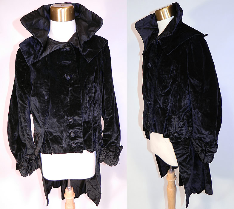 Edwardian Black Velvet Womens Winter Equestrian Tailored Tail Coat Riding Jacket
This antique Edwardian era black velvet womens winter equestrian tailored tail coat riding jacket dates from 1905. It is made of a black silk velvet fabric, with black embroidery work silk button trim accents on the bottom sides.