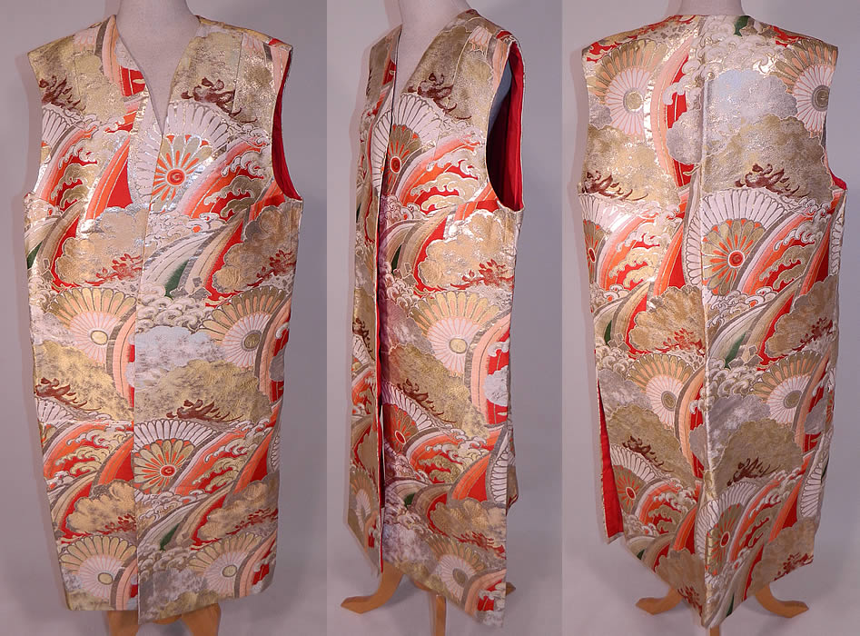 Vintage Japanese Gold Silk Lamé Lame Ocean Waves Obi Fabric Sleeveless Vest Jacket
This vintage Japanese gold silk lamé ocean waves obi fabric sleeveless vest jacket from the Showa Period in the 1960s. It is made of a colorful heavy silk silver, gold lamé brocade fabric, with a floral medallion, rainbow, clouds, ocean waves of water woven damask design pattern and is created from Japanese obi fabric.