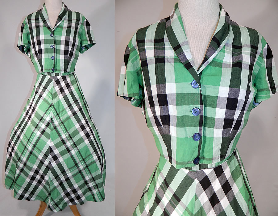 Vintage Betty Barclay Frocks Green Gingham Check Cotton Circle Skirt Dress & Jacket
This vintage Betty Barclay Frocks green gingham check cotton circle skirt dress and jacket dates from the 1950s. It is made of a green, black and white gingham check cotton fabric print. This stunning summer strapless dress has a sweetheart neckline, stays boning sewn inside the bust, a full circle skirt, back zipper closure and is unlined.