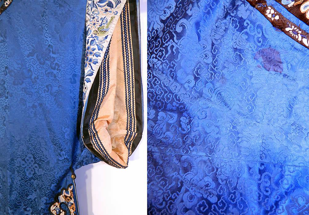 Antique Chinese Blue Silk Damask Brocade Forbidden Stitch Embroidered Trim Robe
It is in as-is fair condition, with some fraying along the black silk trim, collar, shoulder and faint staining on the front opening, sleeves cuffs (see close-ups). This is truly a wonderful piece of wearable antique Chinese art! 