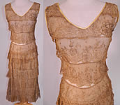 Vintage Gold Metallic Lam&eacute; Lame Lace Layered Tiered Ruffle Tango Flapper Dress 

