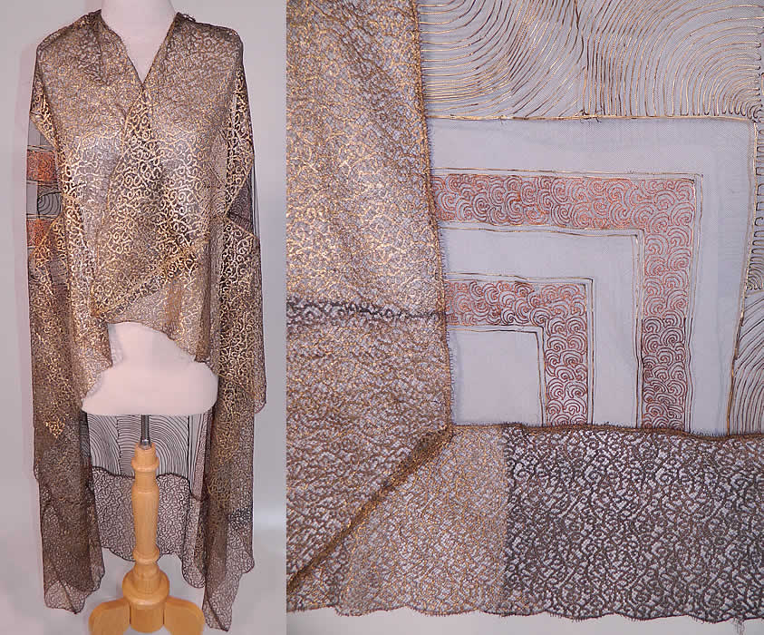 Vintage Sheer Black Mesh Net Copper Gold Lam&eacute; Lame Lace Art Deco Flapper Shawl
This fabulous flapper shawl scarf has a wide scalloped gold lace trim border edging and patchwork block, striped design center. 