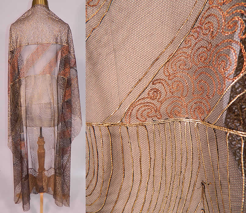 Vintage Sheer Black Mesh Net Copper Gold Lam&eacute; Lame Lace Art Deco Flapper Shawl
It is in good condition, with only some slight tarnish discoloration on the lace border trim edging in areas (see close-up). This is truly a wonderful rare piece of wearable Art Deco textile art! 