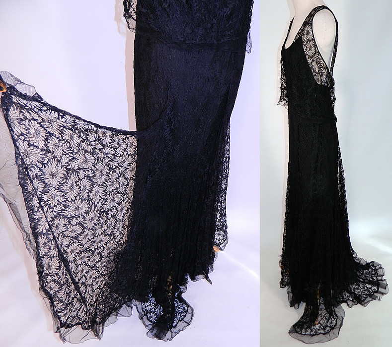 Vintage Black Cobweb Lace Silk Net Train Skirt Bias Cut Dress Evening Gothic Gown
This beautiful bias cut dress long floor length evening Gothic gown has a plunging V neckline, backless, sleeveless, with a sheer lace overlay crop top, black silk slip lining sewn inside, side snap closures and a slight back train skirt with pooling draping sides.