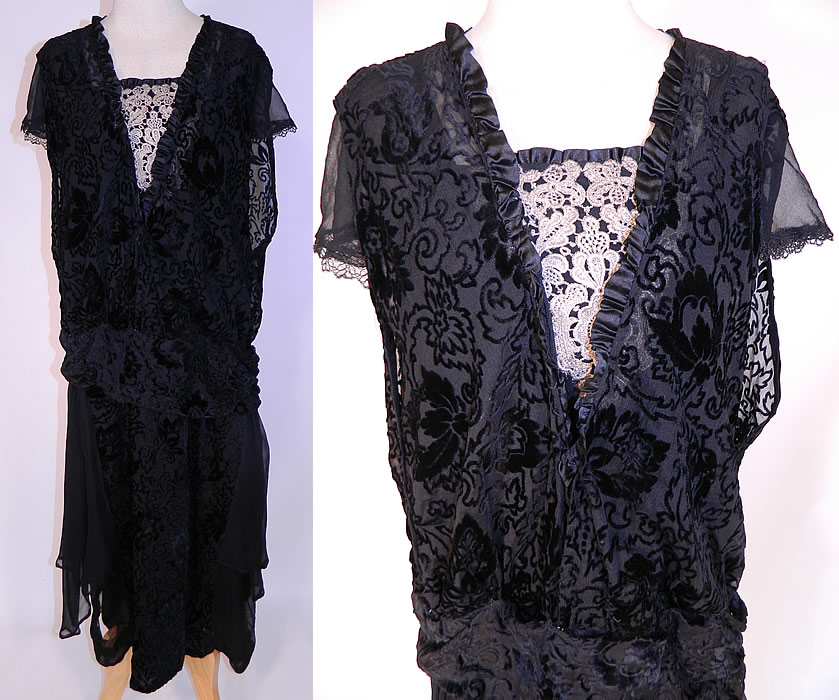 Vintage Silver Lace Black Burnout Voided Velvet Silk Drop Waist Flapper Dress
This vintage Art Deco silver lace black burnout voided velvet silk drop waist flapper dress dates from the 1920s. It is made of a sheer black silk chiffon voided cut velvet burnout fabric, with an abstract Art Deco floral leaf design pattern.