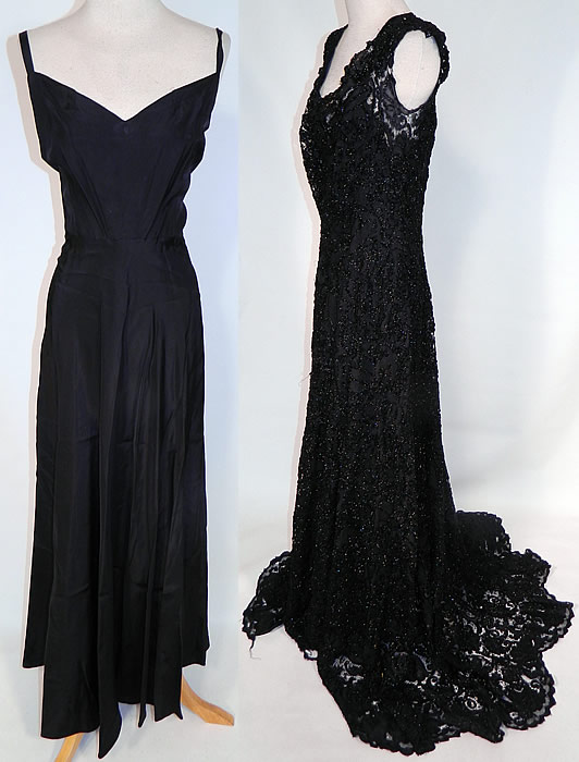 Nan Merriman Opera Singer Vintage Black Lace Silver Glitter Soutache Evening Gown
It is made of a luxurious sheer black lace mesh net fabric, with black shading and raised glittering silver black soutache work trim accents creating a floral vine leaf spiral pattern design. 