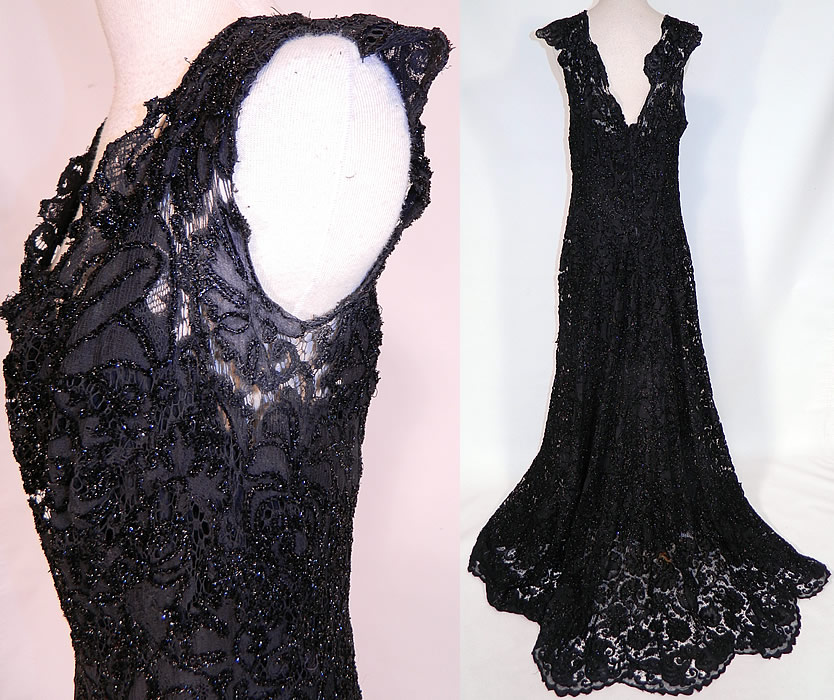 Nan Merriman Opera Singer Vintage Black Lace Silver Glitter Soutache Evening Gown
This gorgeous gown has a long floor length slight back train skirt, scalloped edge low scoop front neckline, sleeveless, backless, unlined and has a back zipper closure. 