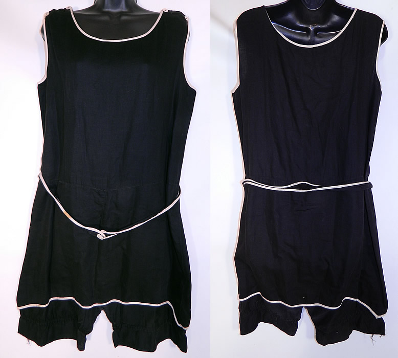 Vintage Black & White Cotton Belted Bathing Suit Swimsuit Dress & Bloomers
This vintage black and white cotton belted bathing suit swimsuit dress and bloomers dates from the 1920s. It is made of a black cotton fabric, with white stripe trim edging.