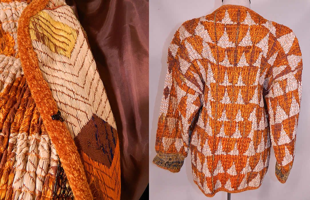 Vintage Pashtun Pakistan Swat Valley Embroidered Textile Tucks Gathering Coat
This unique ethnic art coat jacket is loose fitting, mid length, with a full boxy style, broad shoulders, long full sleeves, orange chenille trim edging, a amber color button hook clasp closure on the front and is fully lined. 