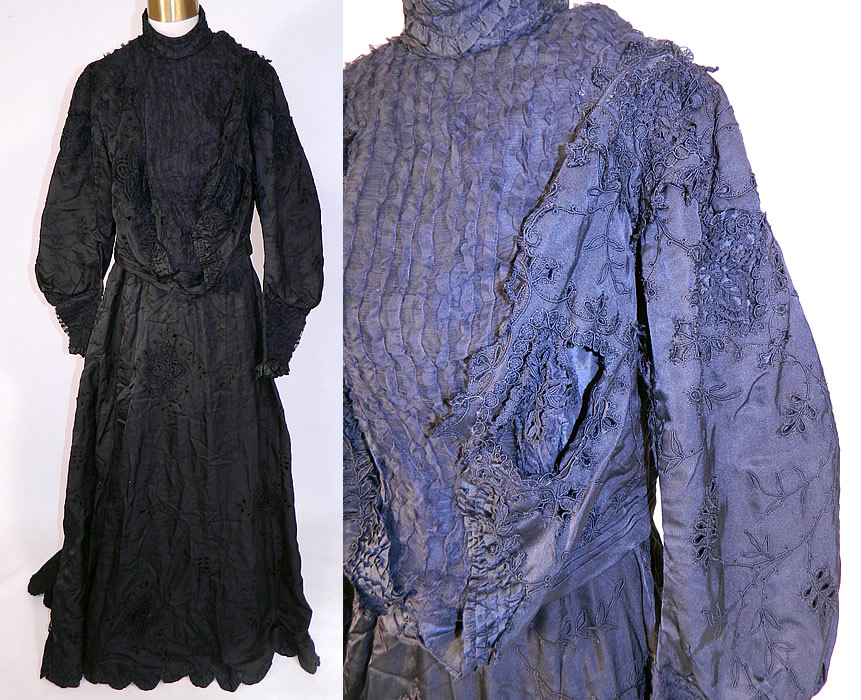Victorian Black Silk Taffeta Bobbin Lace Mourning Gown Bodice Train Skirt Dress
This antique Victorian era black silk taffeta bobbin lace mourning gown bodice train skirt dress dates from 1900. It is made of a black silk taffeta fabric, with drawn cut work, eyelet embroidery and bobbin lace appliqu&eacute; inserts.