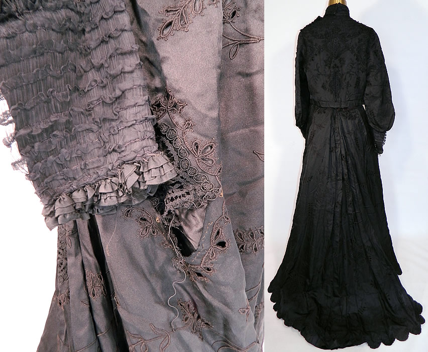 Victorian Black Silk Taffeta Bobbin Lace Mourning Gown Bodice Train Skirt Dress
It is a large wearable size. The bodice measures 18 inches long, with a 30 inch waist, 40 inch bust and 15 inch back. There is a matching fabric embellished skirt, with a long back train, scalloped hemline, hook, snap closures on the back and is fully lined with a black silk petticoat sewn inside. 