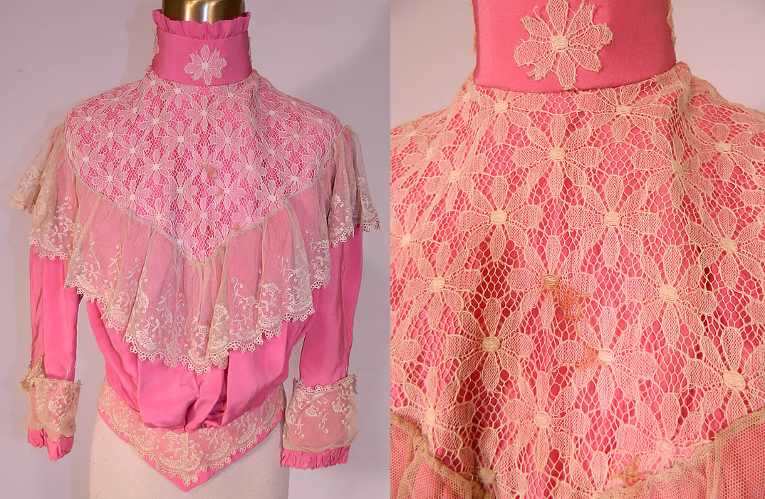 Victorian French Rose Pink Silk Wool White Lace Ruffle Trim Bodice Shirt
This antique Victorian era French rose pink silk wool white lace ruffle trim bodice shirt top dates from 1890. It is made of a bright French rose pink color silk wool blend fabric, with an off white cream color tambour embroidery net lace ruffle trim flounce waistband, cuffs and a sheer floral daisy pattern lace yoke top with cutout floral appliques around the collar.