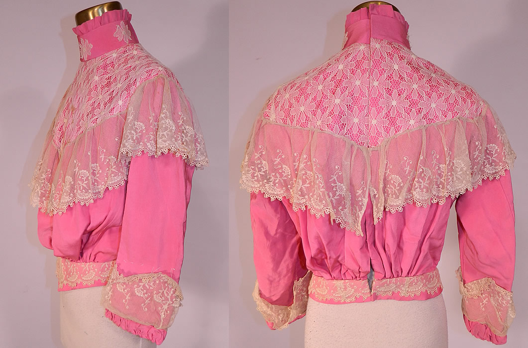 Victorian French Rose Pink Silk Wool White Lace Ruffle Trim Bodice Shirt
The bodice measures 20 inches long, with a 24 inch waist, 38 inch bust and 16 inch back. It is in good condition, but has not been cleaned, with a few small faint age spot stains on the lace front yoke top (see close-up). This is truly a wonderful piece of Victoriana wearable art!