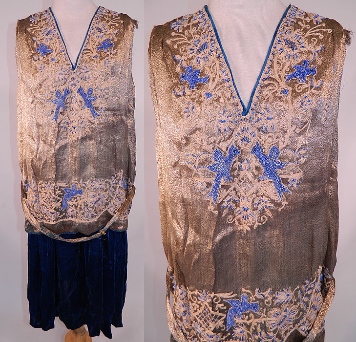 Vintage Antoinette Hagen Label Gold Lamé Lame Blue Bird Beaded Belted Velvet Dress