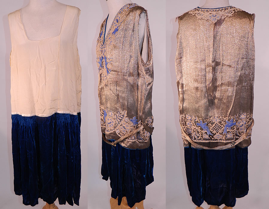 Vintage Antoinette Hagen Label Gold Lam&eacute; Lame Blue Bird Beaded Belted Velvet Dress
