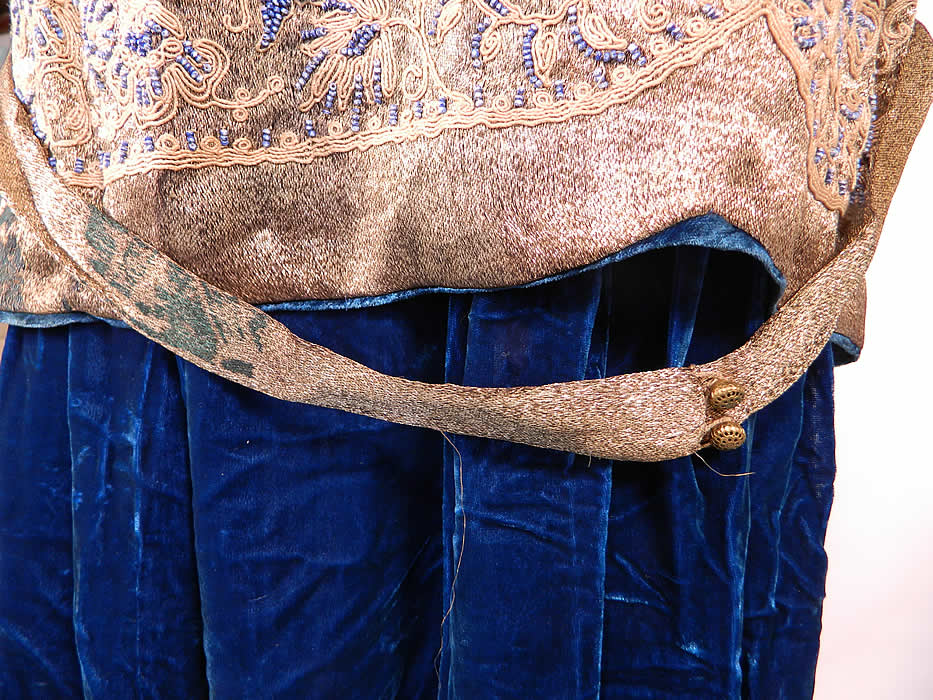 Vintage Antoinette Hagen Label Gold Lam&eacute; Lame Blue Bird Beaded Belted Velvet Dress
