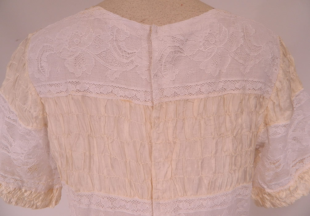 Vintage White Lace Cream Silk Smocking Ruched Gathering Summer Maxi Dress
This is truly a beautiful piece of wearable lace art!