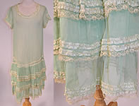 Vintage Mint Green Silk Chiffon Lace Ribbon Ruched Ruffle Trim Drop Waist Dress