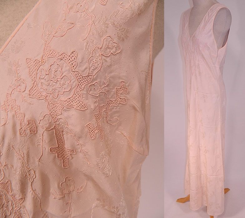 Vintage Pink Damask Silk Embroidered Drawn Cut Work Bias Cut Negligee Nightgown
This beautiful boudoir negligee nightgown slip dress has a bias cut, is a long full length, sleeveless and has V necklines.