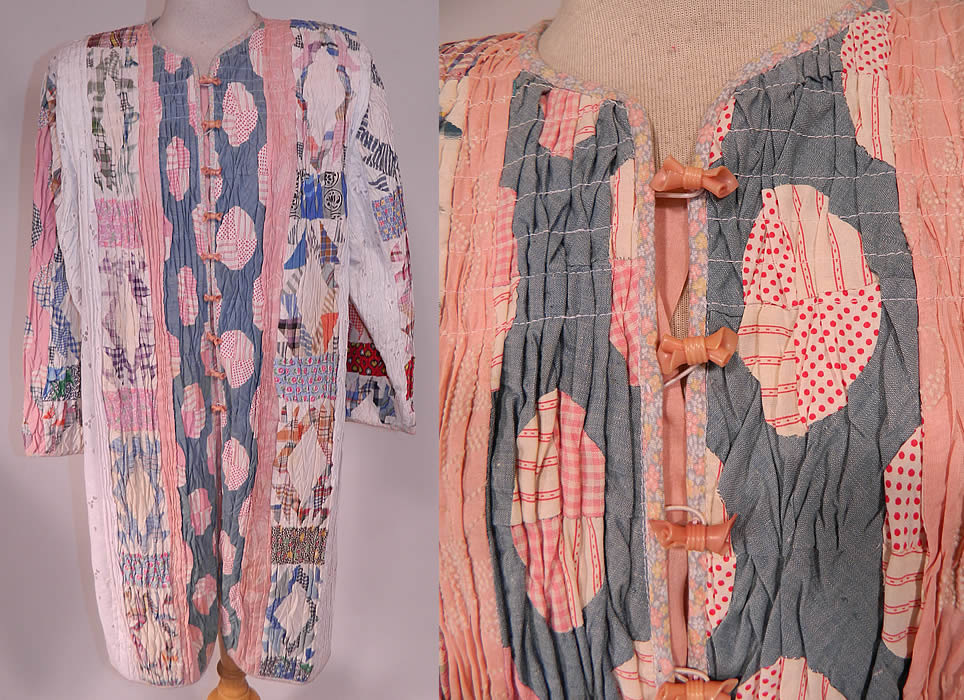 Vintage Antique Calico Crazy Quilt Patchwork Lace Smocking Ruched Pintuck Coat
This vintage antique calico crazy quilt patchwork lace smocking ruched pintuck coat dates from the 1980s. It is made of an antique 1900 and 1930s old quilt fabric squares pieced together into a decorative design quilted pattern, with many pintucks, smocking, ruched gathering throughout.