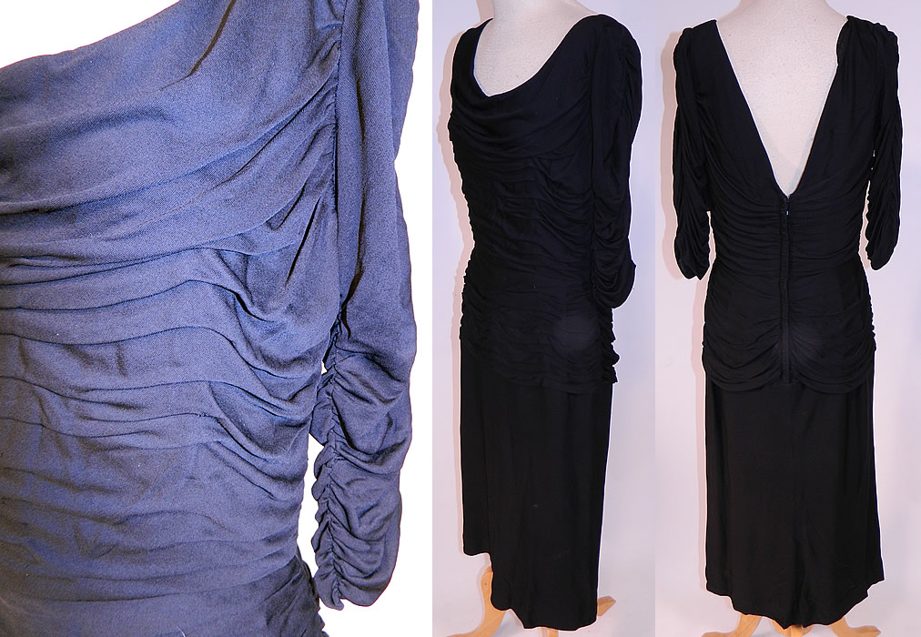 Vintage Black Silk Jersey Pleated Gathering Sexy Sheath Cocktail Dress
The dress measures 47 inches long, with 34 inch hips, a 26 inch waist and 34 inch bust. It is in good condition. This is truly a wonderful piece of wearable art!
