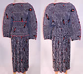 Vintage Ellen Hauptli Black White Print Silk Fortuny Style Pleated Obi Belted Blouse Skirt Dress
